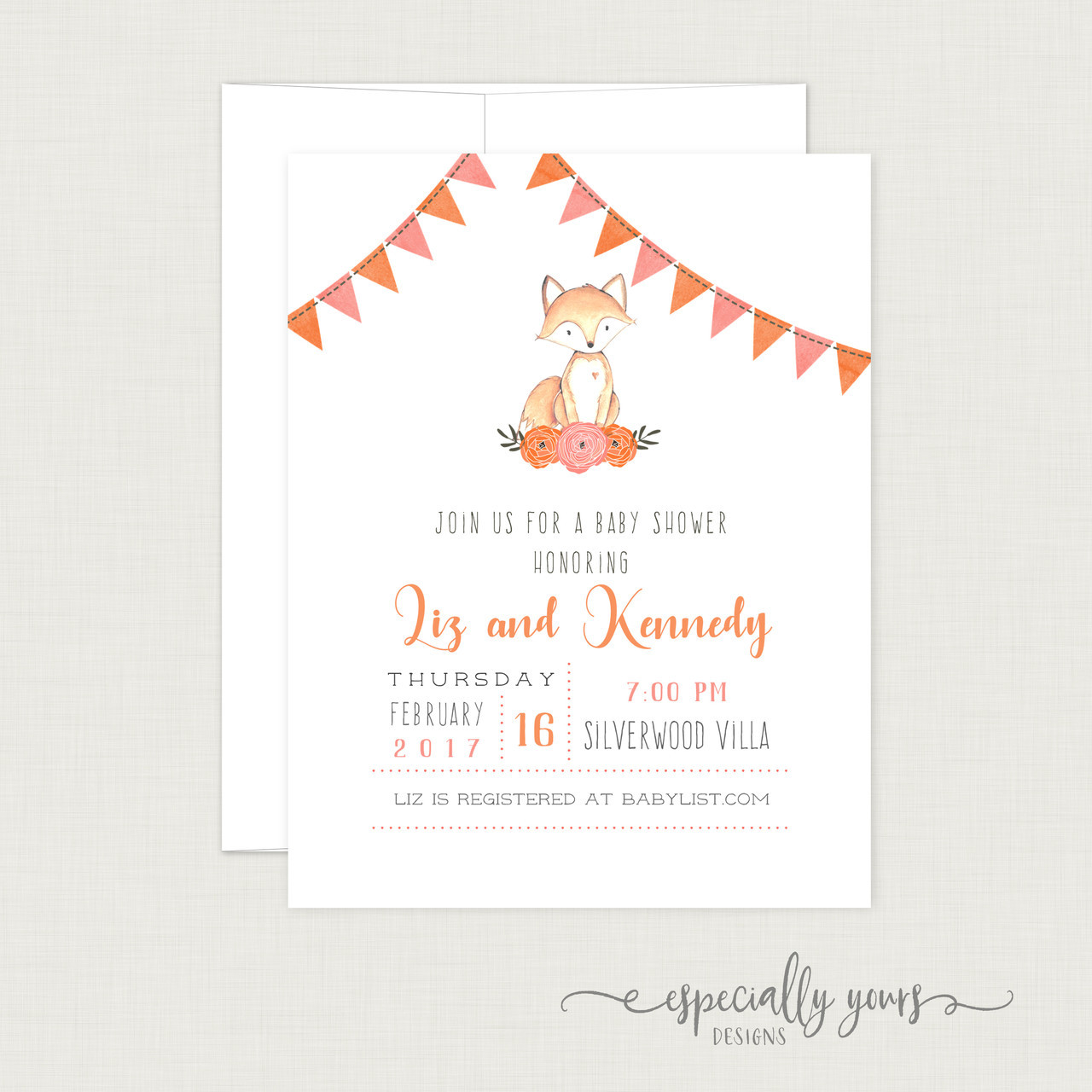 Orange Coral Pink Fox Baby Shower Invitation Especially Yours