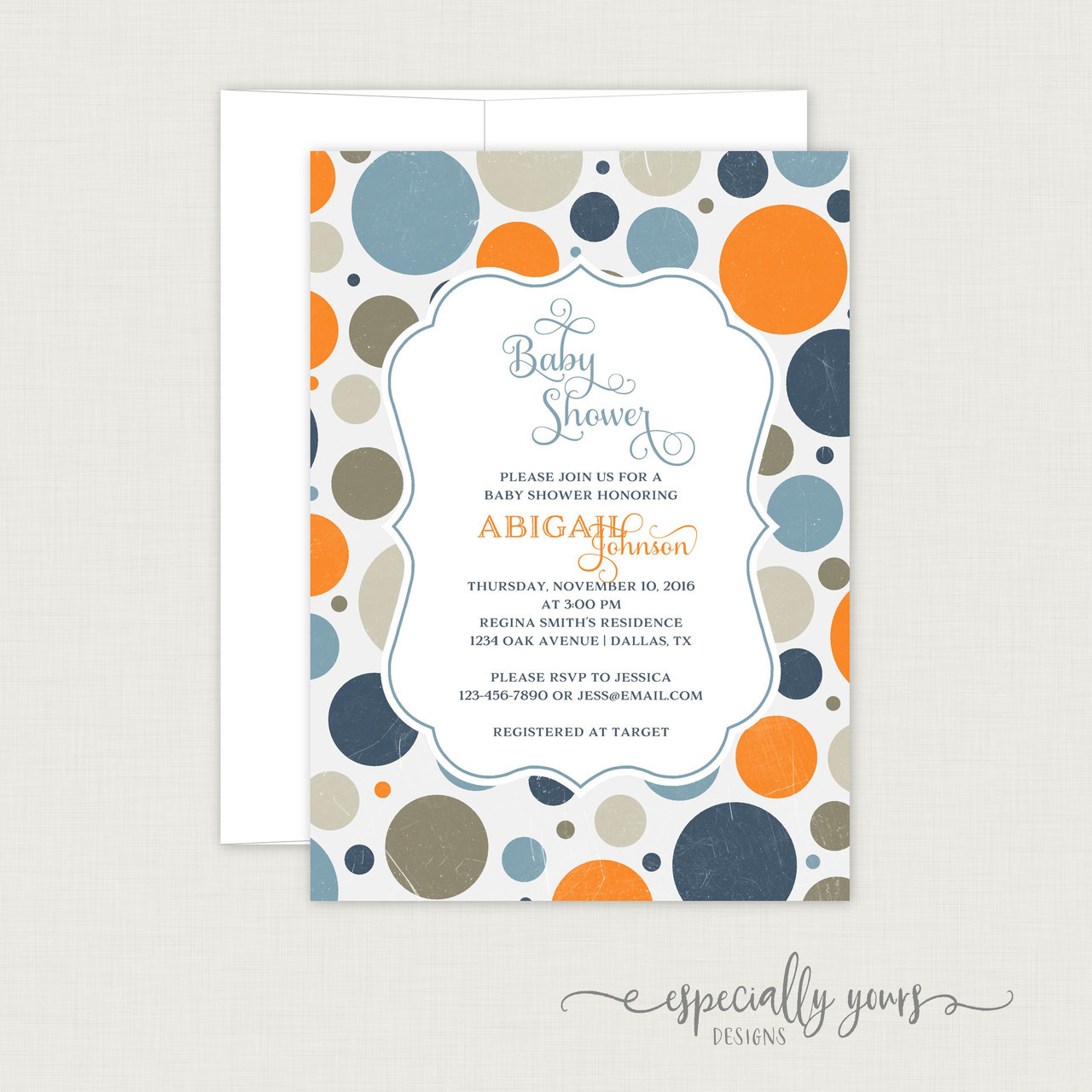 Blue Grey Orange Dots Baby Shower Invitation Especially Yours