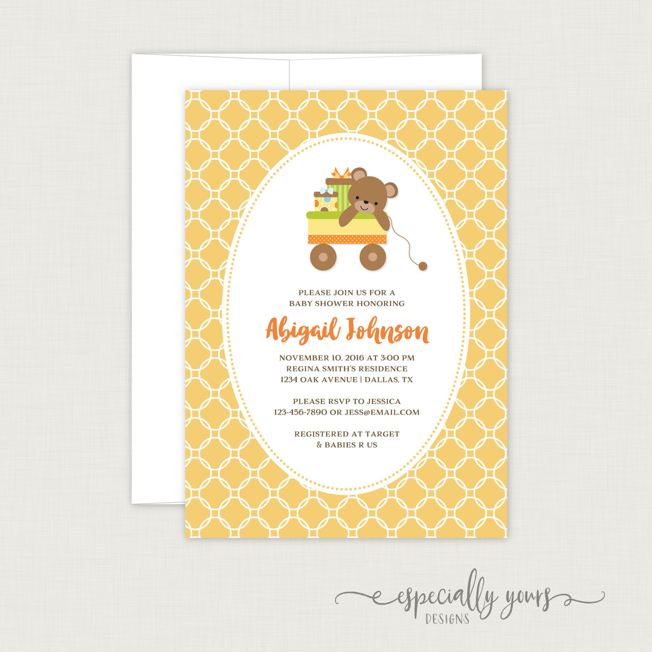 Yellow Circles Bear Wagon Baby Shower Invitation Especially