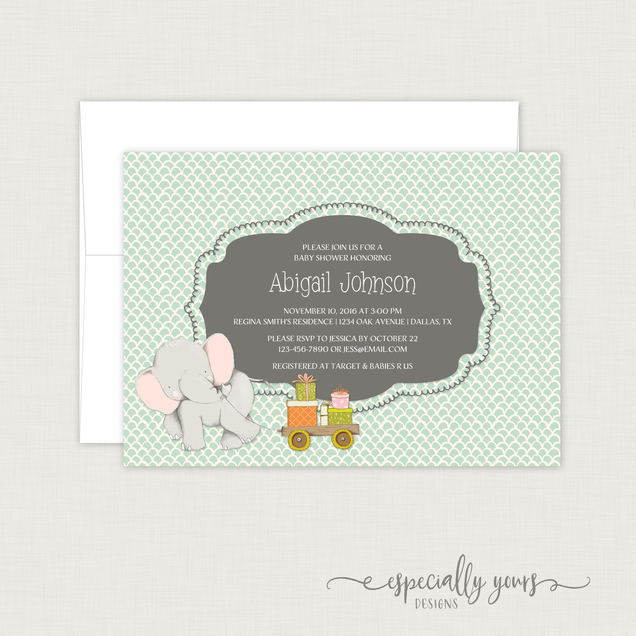 Whimsical Elephant Wagon Baby Shower Invitation Especially