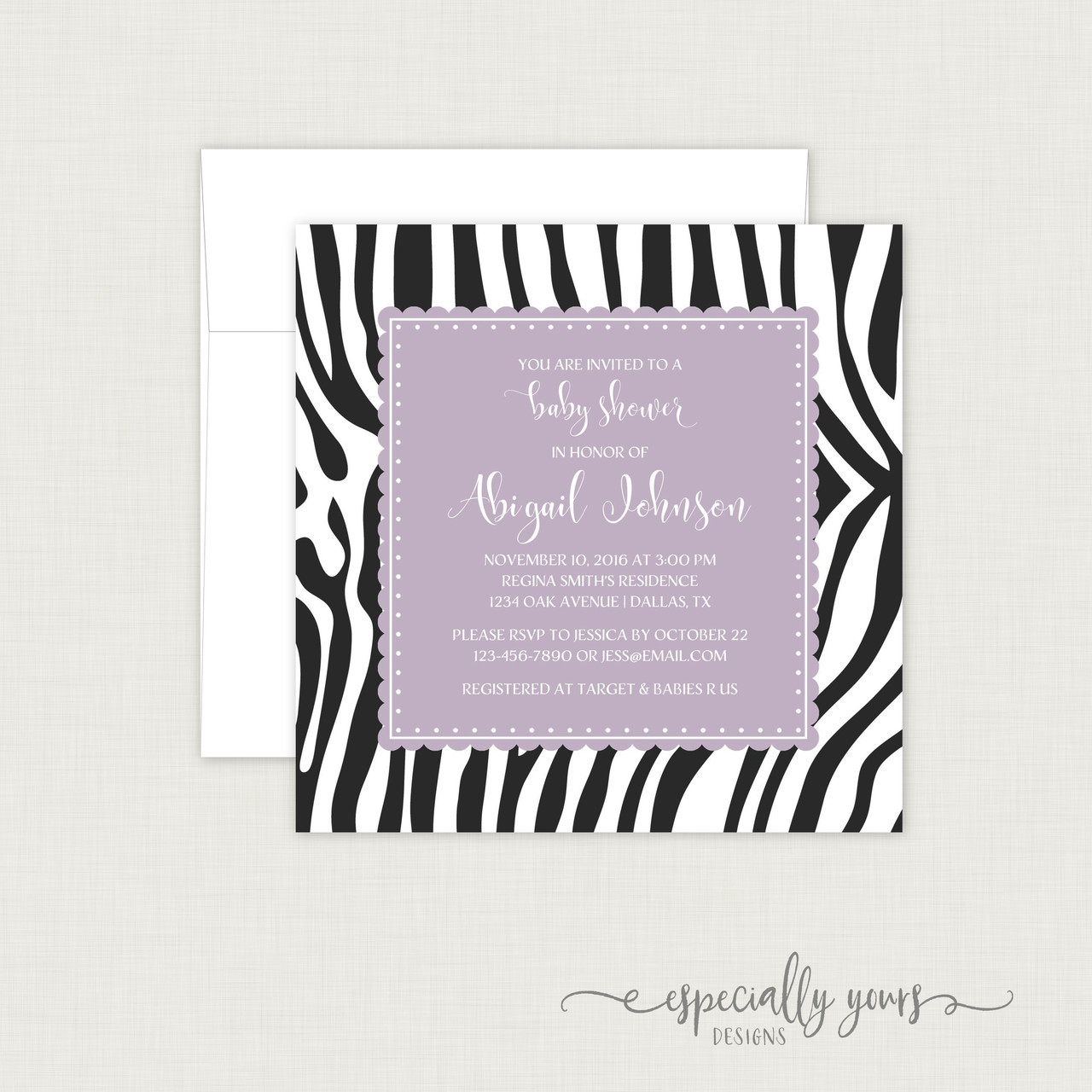 Zebra Print Purple Baby Shower Invitation Especially Yours Designs