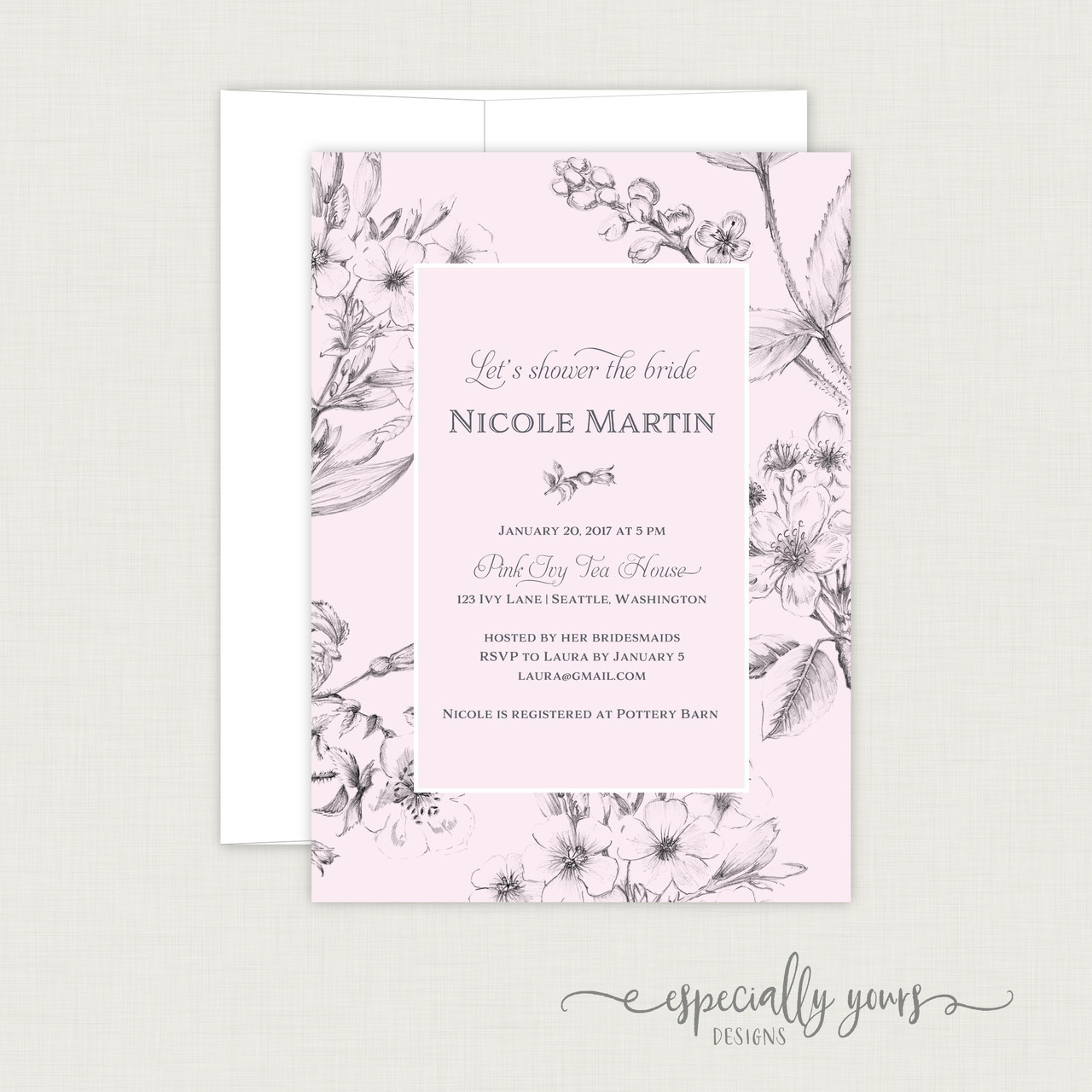 Pink Hand Sketched Florals Bridal Shower Invitation Especially Yours