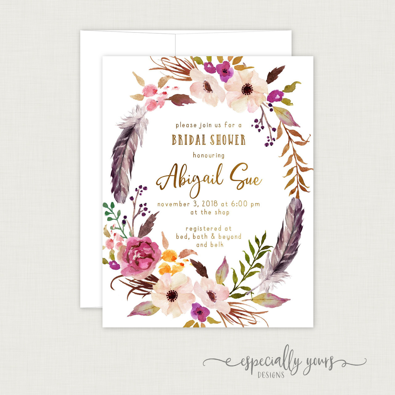Boho Feathers Flowers Bridal Shower Invitation Especially