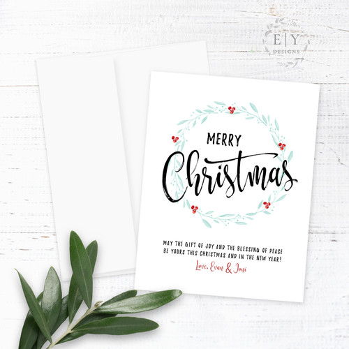 Red & Aqua Wreath Personalized Christmas Card 