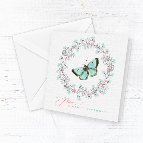 Watercolor Wreath & Butterfly Mom Birthday Card 