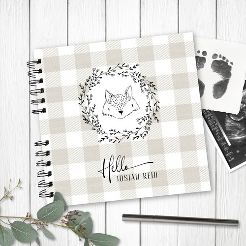 Khaki Tan Buffalo Plaid Fox  Wire Bound Baby Book