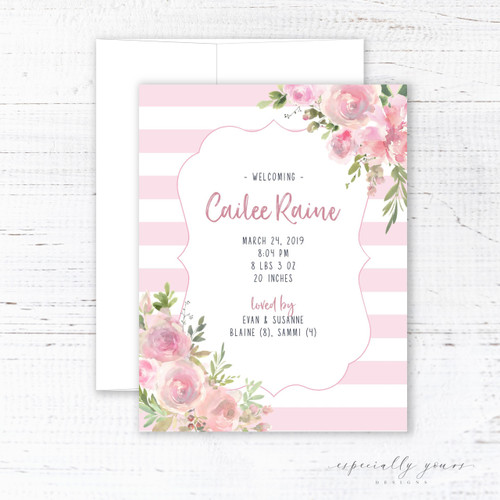 Pink Stripe Watercolor Floral Birth Announcement