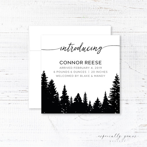 Pine Trees Silhouette Birth Announcement