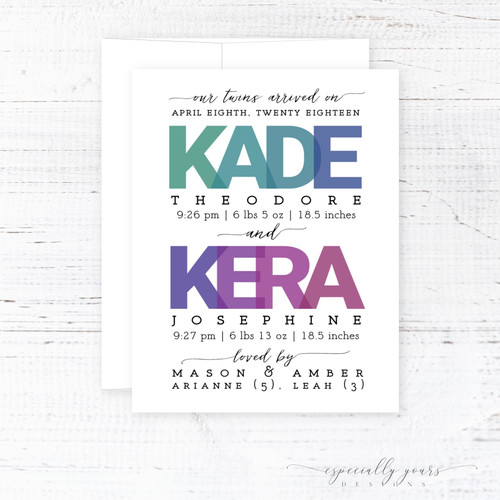 Colorful Typography Birth Announcement | Twins