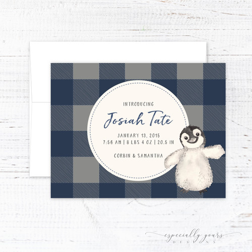 Navy & Grey Buffalo Plaid Penguin Birth Announcements