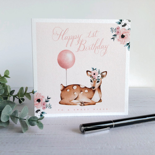 First Birthday Floral Deer Birthday Card 