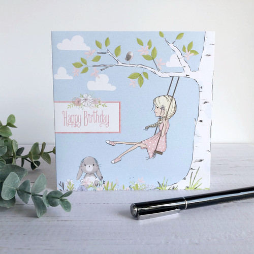 Swinging Girl & Bunny Birthday Card 