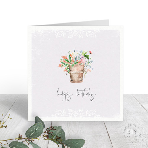 Floral Flowerpot Birthday Card 