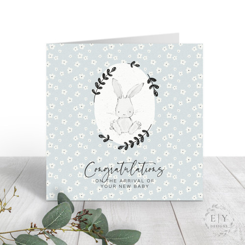 Blue Floral Bunny Baby Card