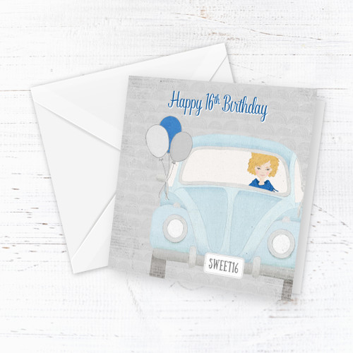 Car and Balloons 16th Birthday Card