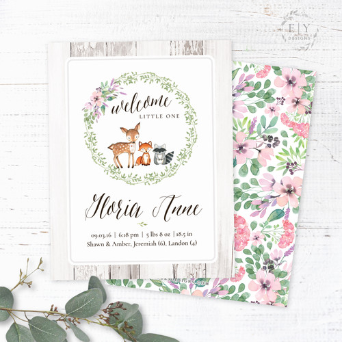 Floral Woodland Animals Birth Announcement