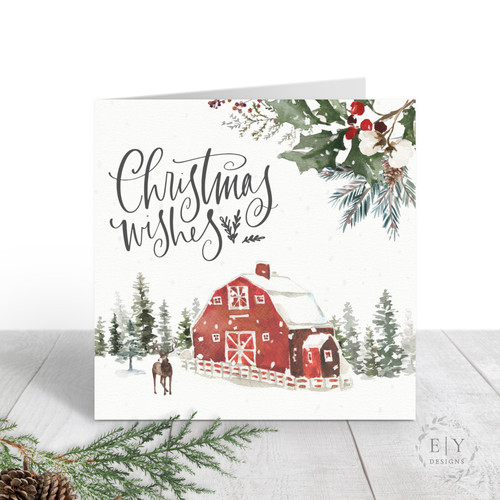 Red Barn Winter Scene Christmas Card