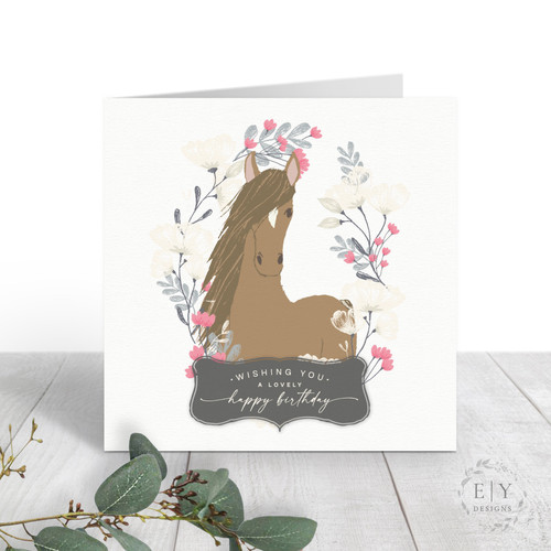 Floral Wreath Horse Portrait Birthday Card