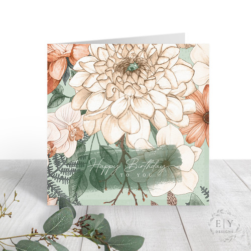 Green and Peach Floral Birthday Card