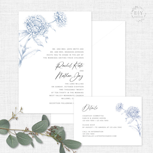 Blue Vintage Floral Wedding Invitation