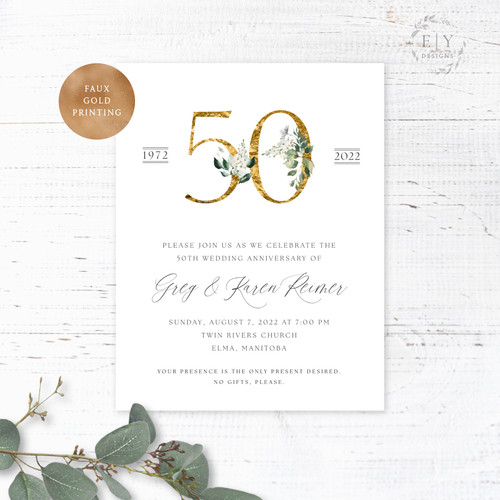 Faux Gold Floral 50th Wedding Anniversary Celebration Invitations