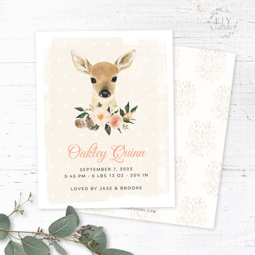 Deer Portrait and Rustic Flowers Birth Announcement
