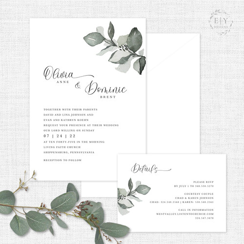 Sage Green Leaves Wedding Invitation