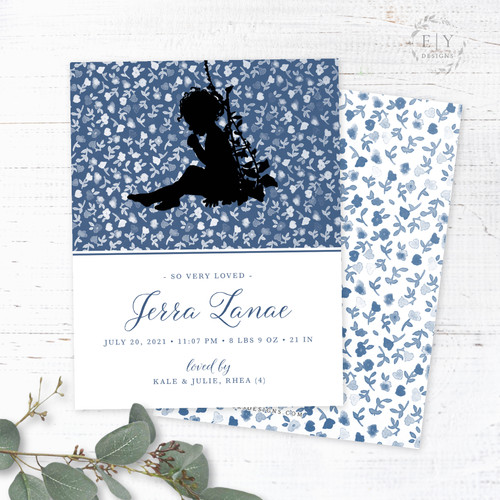 Navy Floral Girl Silhouette Birth Announcement