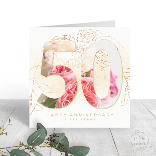 Coral and Gold Floral 50th Anniversary Card