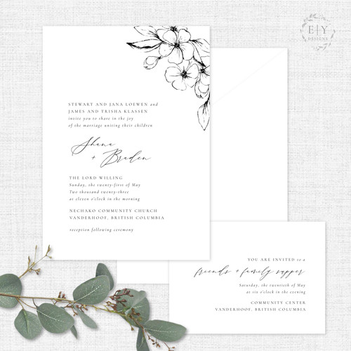 Black & White Botanicals Wedding Invitation