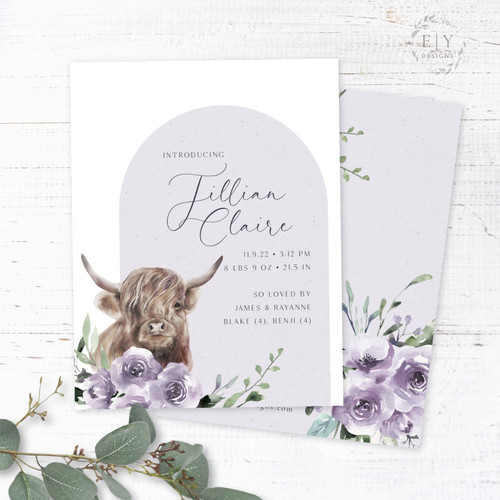 Purple Floral and Highland Cow Birth Announcement