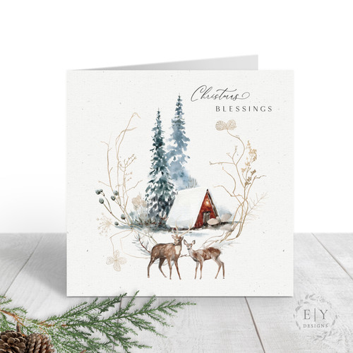 Winter Cabin & Deer Christmas Card