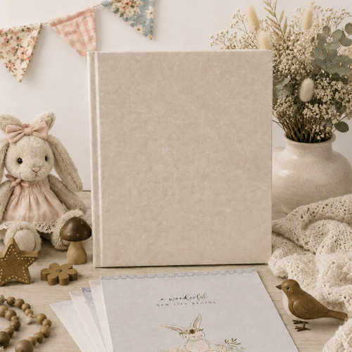 Spring Bunnies Baby Book with Cream Faux Leather Binder  | 8.5 x 11 size | READY TO SHIP