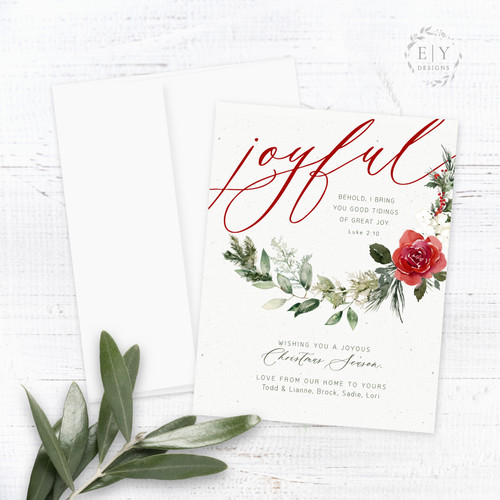 Joyful Floral Wreath Personalized Christmas Card Joyful Floral Wreath Personalized Christmas Card