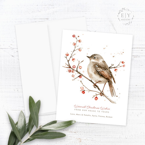Winter Bird and Berry Branches Personalized Christmas Card Winter Bird and Berry Branches Personalized Christmas Card