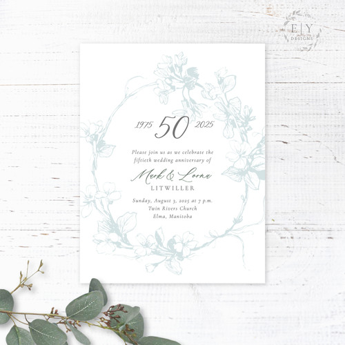 Dusty Blue Wreath Wedding Anniversary Celebration Invitations
