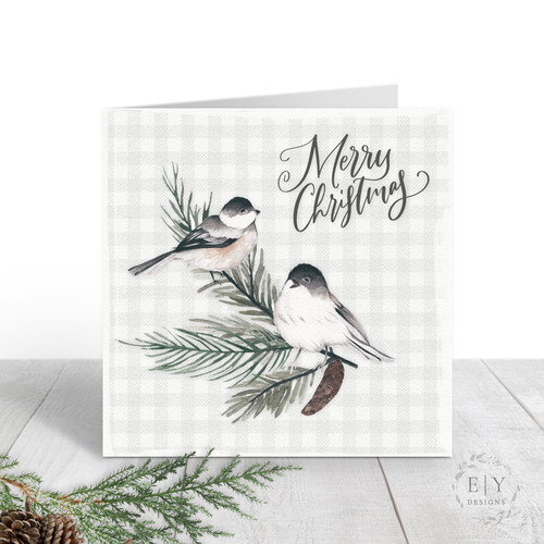 Pine Branches & Chickadees Christmas Card // READY TO SHIP