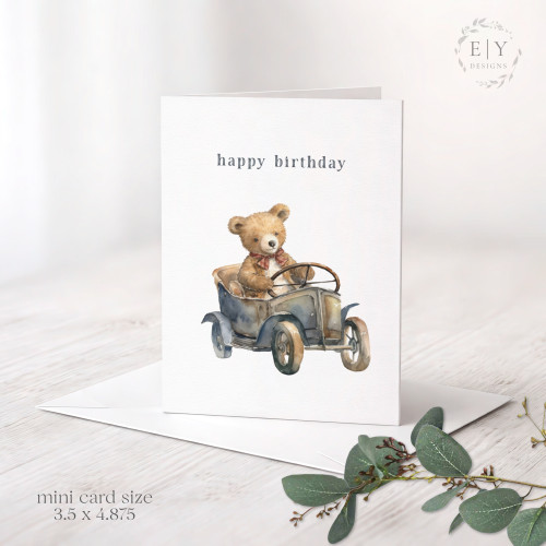Vintage Bear & Car Mini Note Card