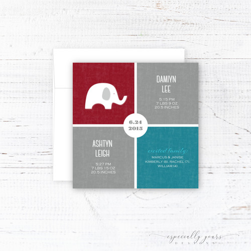 Red & Teal Block Elephants Birth Announcement | Twins