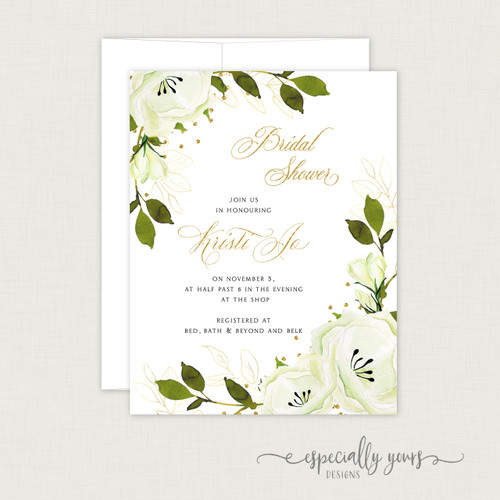 White & Gold Floral Bridal Shower Invitation