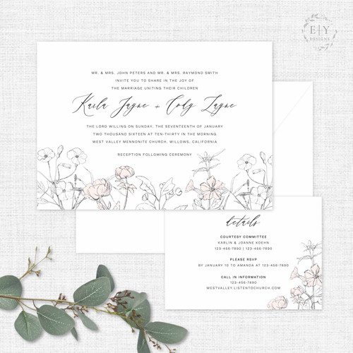 Black & White & Blush Sketched Wildflowers Wedding Invitation 