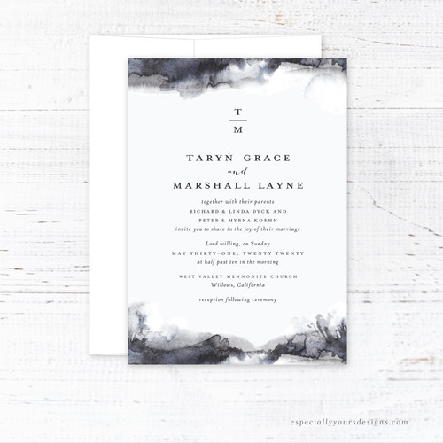 Navy Watercolor Edge Wedding Invitation 