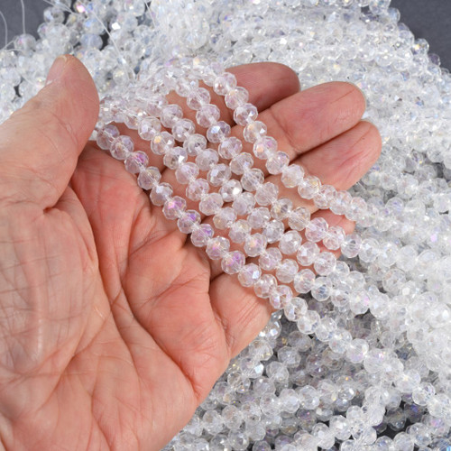 Approx. 12 Strand 8mm Glass Faceted Window Beads, White Opal/Rainbow Iris