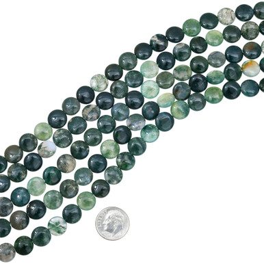 Natural Moss Agate Beads 10mm Round Flat Priced Per Strand 37457