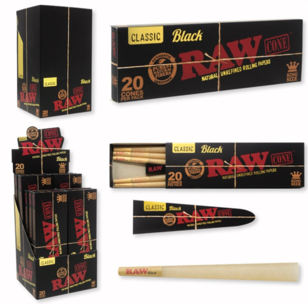 RAW Black Pre-Roll Cone King Size 109mm/26mm 20PK Display of 12