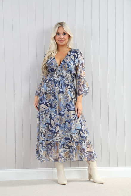 Silk Floral Empire Maxi Dress ~ Navy