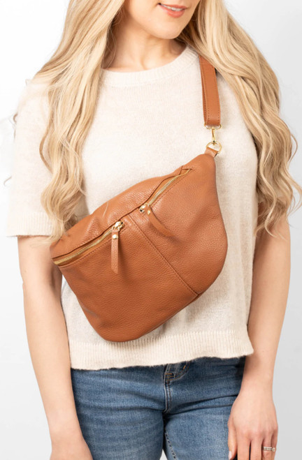 Miss Shorthair Italian Leather Luisa Double Zip Bumbag ~ Tan Italian Leather