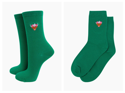 Miss Shorthair Women’s Embroidered Socks ~ Green Highland Cow