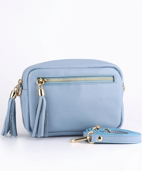 Miss Shorthair Small Italian Leather Camera Bag with Zip Front Pocket ~ Azure