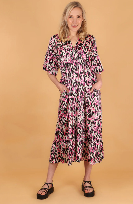 Fluted Sleeve Shirred Maxi Dress - Pink Ikat Print